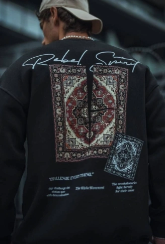 Uzun Kol Bisiklet Yaka Baskılı SweatShirt - Siyah