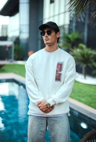 Uzun Kol Bisiklet Yaka Ön Ve Arka Baskılı SweatShirt - Beyaz