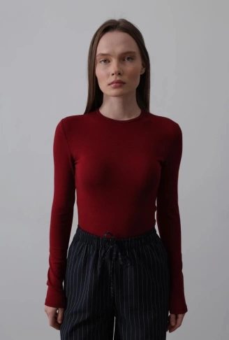 Uzun Kol Crop Top - Bordo