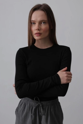 Uzun Kol Crop Top - Siyah