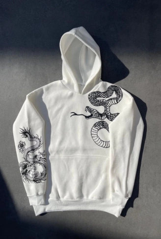 Uzun Kol Kapşonlu Baskılı SweatShirt - Beyaz