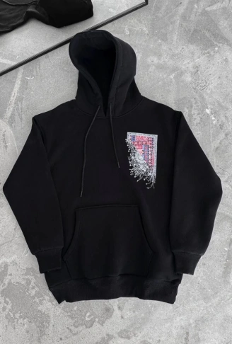 Uzun Kol Kapşonlu Ön Ve Arka Baskılı SweatShirt - Siyah