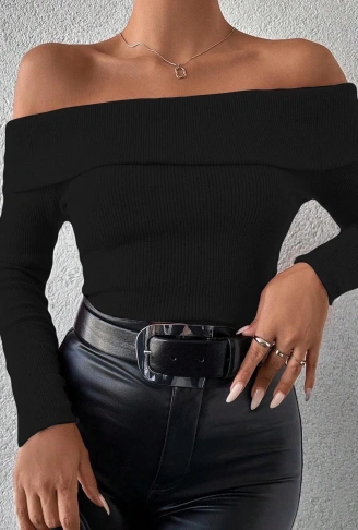 Uzun kol madonna yaka bluz siyah