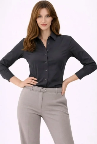 Uzun Kollu Gömlek Düğmeli Klasik Yaka Günlük Ve Ofis Şıklığına Uygun - Füme