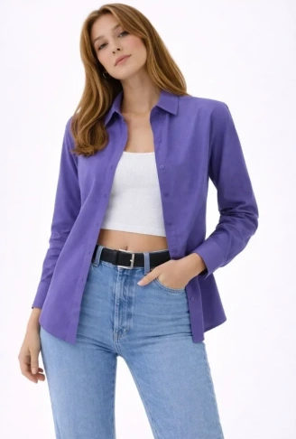 Uzun Kollu Gömlek Düğmeli Klasik Yaka Günlük Ve Ofis Şıklığına Uygun - Mor