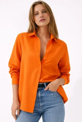 Uzun Kollu Gömlek Düğmeli Klasik Yaka Günlük Ve Ofis Şıklığına Uygun - Turuncu