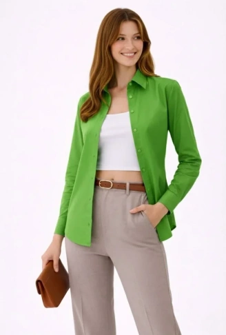 Uzun Kollu Gömlek Düğmeli Klasik Yaka Günlük Ve Ofis Şıklığına Uygun - Yeşil