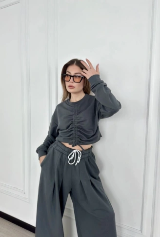 Uzun Kollu Önü İp Büzgülü Crop Ve Pantolon İkili Takım - Antrasit