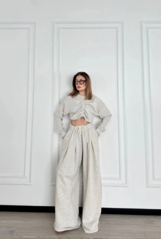 Uzun Kollu Önü İp Büzgülü  Crop Ve Pantolon İkili Takım - Gri