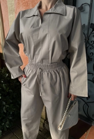 Uzun Kollu Yakalı Gömlek Pantalon Takım- Gri