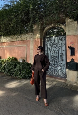 Uzun Kollu Yakalı Gömlek Pantalon Takım- Kahverengi