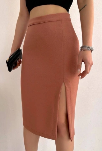 Uzun midi boy yırtmaçlı etek somon s24907