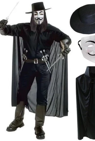 V For Vendetta Maskesi Şapkası ve Pelerin Kostüm Seti Yetişkin Boy