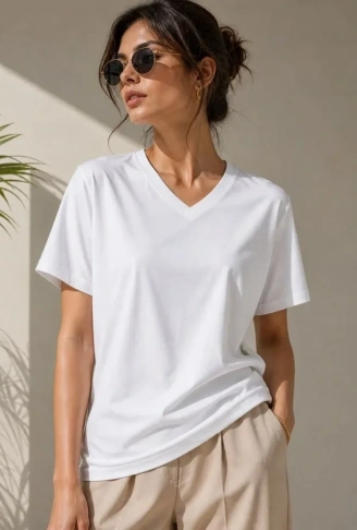 V Yaka Basic Tişört Kısa Kol Yazlık Regular Fit T-Shirt - Beyaz