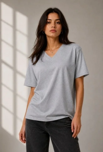V Yaka Basic Tişört Kısa Kol Yazlık Regular Fit T-Shirt - Gri