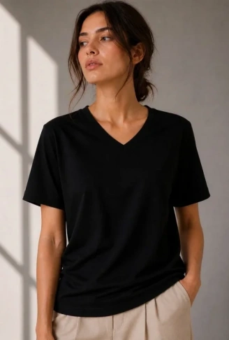V Yaka Basic Tişört Kısa Kol Yazlık Regular Fit T-Shirt - Siyah