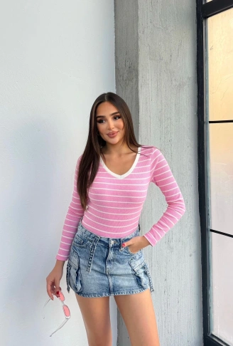 V yaka çizgili bluz pembe A3699