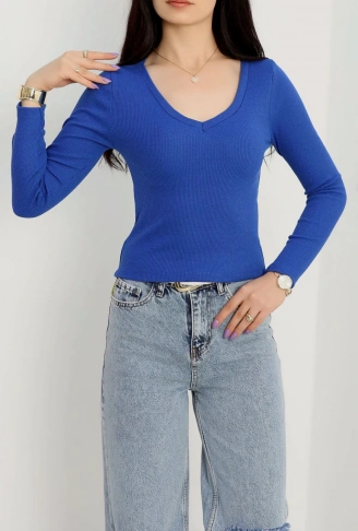 V yaka kaşkorse bluz saks mavisi a3699