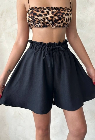 Volanlı keten şort siyah s255058