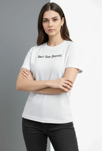 Wafıl Kumaş Tişört Regular Kalıp Bisiklet Yaka Baskılı Günlük Basic T-Shirt - Beyaz