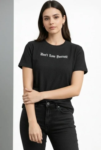 Wafıl Kumaş Tişört Regular Kalıp Bisiklet Yaka Baskılı Günlük Basic T-Shirt - Siyah