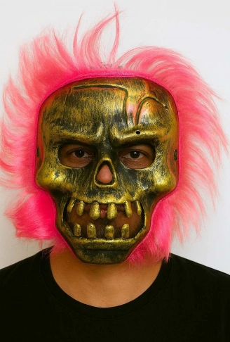 Wild Skull - Bakır Kafatası Pembe Saçlı İskelet Maske (4940)