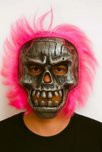 Wild Skull - Gümüş Kafatası Pembe Saçlı İskelet Maske (4940)