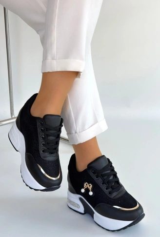 Wody Siyah Cilt Simli Bağcıklı Spor Ayakkabı