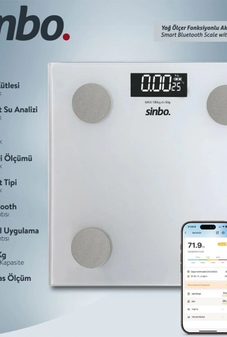 YAĞ ÖLÇER AKILLI BLUETOOTH CAM BASKÜL PİLLİ 180KG/50GR 26X26CM 8-KİŞİ HAFIZA LCD EKRAN SBS-4474 (4940)