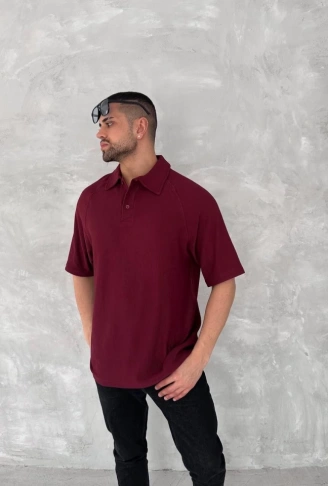 Yakalı Patlı Kısa Kol T-shirt - Bordo