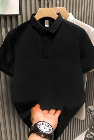 Yakası Düğmeli Yakalı Pike Düz T-Shirt - Siyah