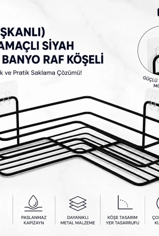 YAPIŞKANLI ÇOK AMAÇLI SİYAH KARE BANYO RAF KÖŞELİ (4940)