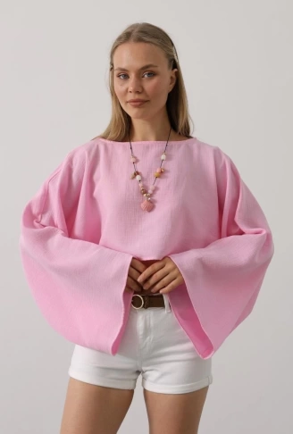 YARASA KOLLU CROP BLUZ - Pembe