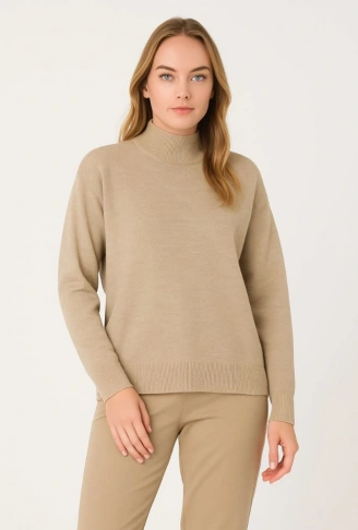 Yarım Boğaz Triko Kazak Yumuşak Dokulu Pamuklu Ince Dokuma, Uzun Kollu Rahat Regular Kalıp - Bej