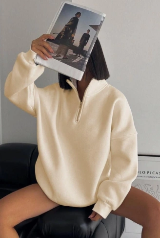 Yarım Fermuarlı Üç İplik Sweatshirt - Bej