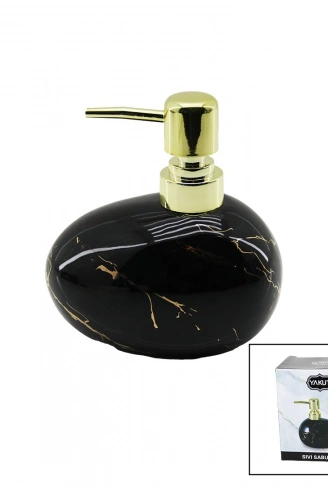 YATAY TOMBUL SİYAH MERMER DESEN SERAMİK SIVI SABUNLUK GOLD KAPAK (4940)