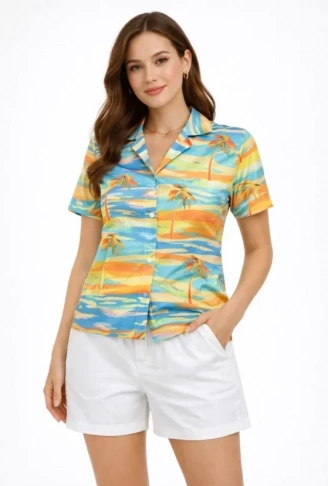 Yazlık Tropikal Desenli Gömlek Şort Takım Rahat Kalıp Tatil Kombin  - Desenli