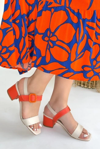 Year Bej Cilt Turuncu Detaylı Turuncu Topuklu Topuklu Ayakkabı