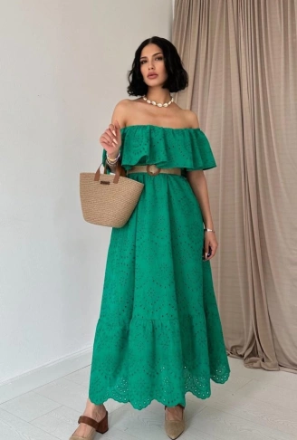 Yeşil Omzu Lastikli Brode Elbise