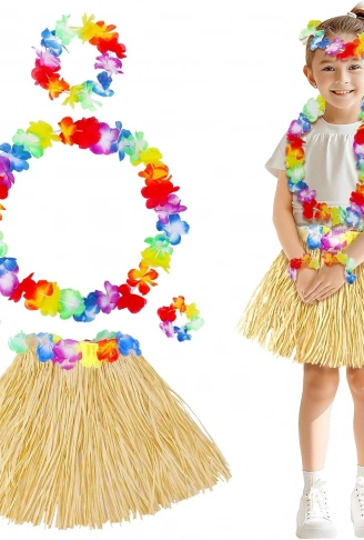 Yetişkin Çocuk Hawaii Parti Seti - 40 cm Naturel Etek + Çiçek Aksesuarlar (5 Parça) (4940)