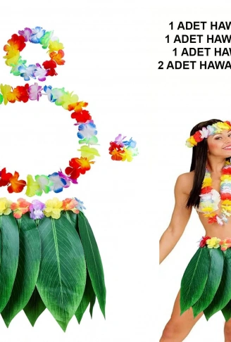 Yetişkin Hawaii Kostüm Seti - Yaprak Etek &amp;amp; Hawaii Set - 5 Parça (4940)