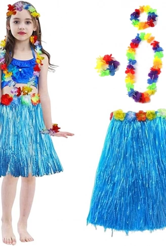 Yetişkin ve Çocuk Uyumlu Hawaii Luau Aloha Mavi Püsküllü Etek Kolye Taç ve 2 Adet Bileklik Seti (4940)