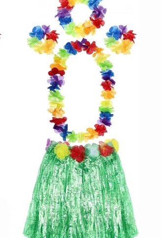 Yetişkin ve Çocuk Uyumlu Luau Aloha Hawaii Yeşil Etek ve Renkli Kolye Taç 2 Adet Bileklik Seti (4940)