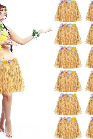 Yetişkin ve Çocuk Uyumlu Saman Renk Hawaii Luau Hula Etek 40 cm 12 Adet (4940)