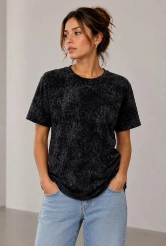 Yıkamalı Washed Effect Tişört Bisiklet Yaka Sokak Stil Kısa Kol T-Shirt - Siyah