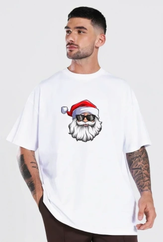 Yılbaşı Gözlüklü Noel Baba Baskılı Kısa Kollu Oversize Bisiklet Yaka T-shirt - Beyaz