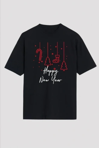 Yılbaşı Happy New Year Baskılı Kısa Kollu Oversize Bisiklet Yaka T-shirt - Siyah