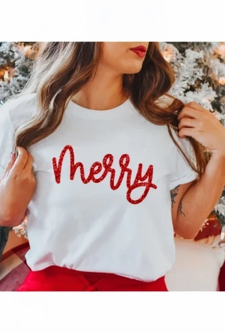 Yılbaşı Merry Christmas Baskılı Kısa Kollu Oversize Bisiklet Yaka T-shirt - Beyaz