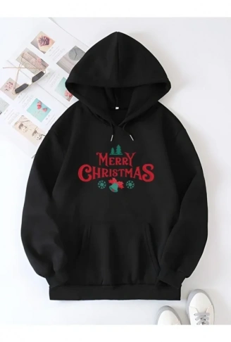 Yılbaşı Merry Christmas Baskılı Oversize Kapüşonlu Sweatshirt Hoodie - Siyah