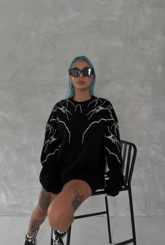 Yıldırım Baskılı Bisiklet Yaka SweatShirt - Siyah